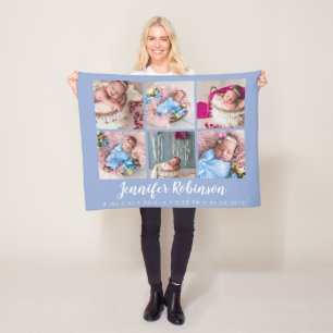 Serenity Blue Monogrammed Birth Stat Photo Collage Fleece Blanket