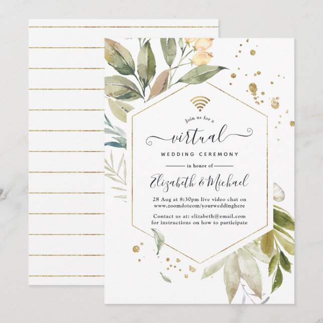 Serenity Greenery Geometric Online Virtual Wedding Invitation (Front/Back)
