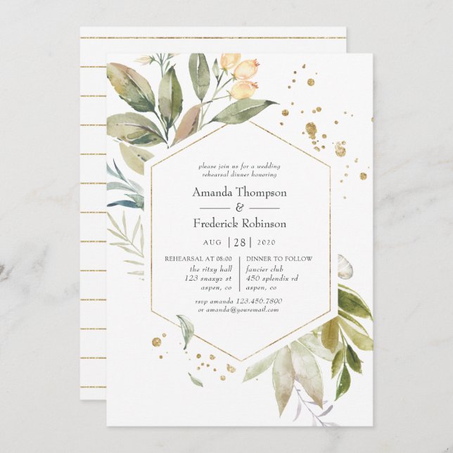 Serenity Greenery Geometric Rehearsal Dinner Invitation (Front/Back)