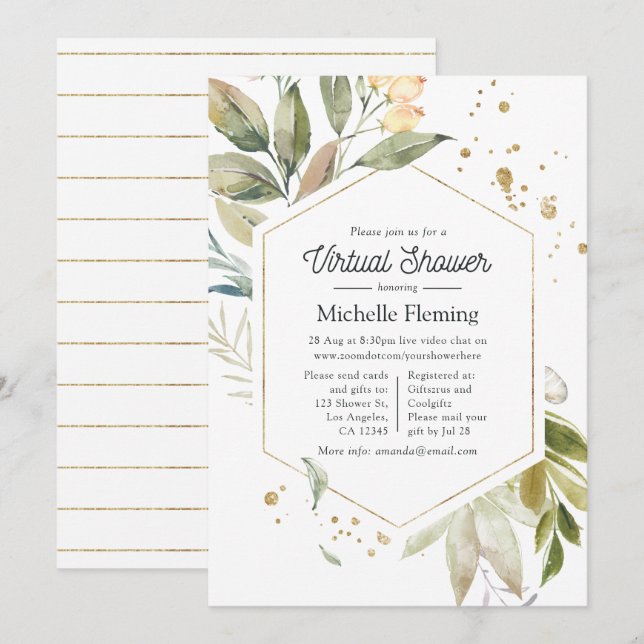 Serenity Greenery Geometric Virtual Baby Shower Invitation (Front/Back)