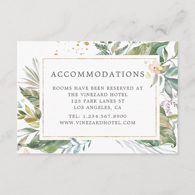 Serenity Greenery Geometric Wedding Accommodations Enclosure Card (Front)