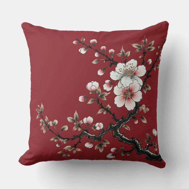 Serenity in Bloom Cherry Blossom Branch (red) Throw Pillow (Front)