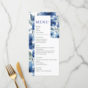 Serenity in Blue Watercolor Flowers Wedding Menu