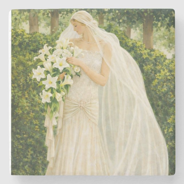 Serenity in Ivory: A Bride in a Garden Reverie Stone Coaster (Front)