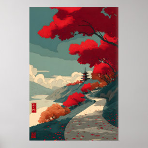 Serenity in Red Wall Art - Autumn Path with Pagoda