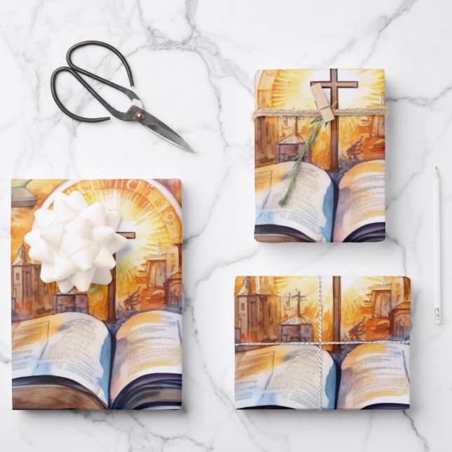 Serenity in Watercolor: Bible and Cross Wrapping Paper Sheet (Front)