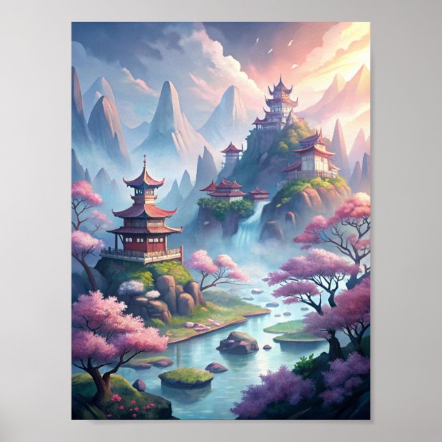 Serenity of Ancient China: Misty Mountains and Tim Poster (Front)