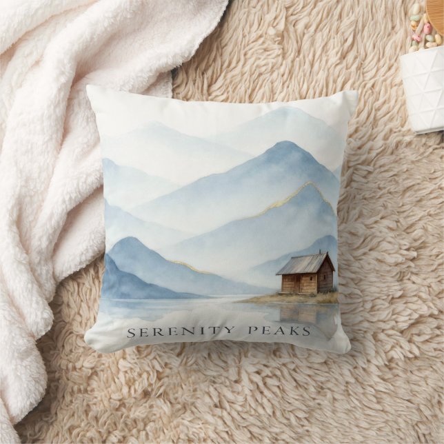 Serenity Peaks — Minimalist Cabin Landscape Throw  Pillow (Blanket)