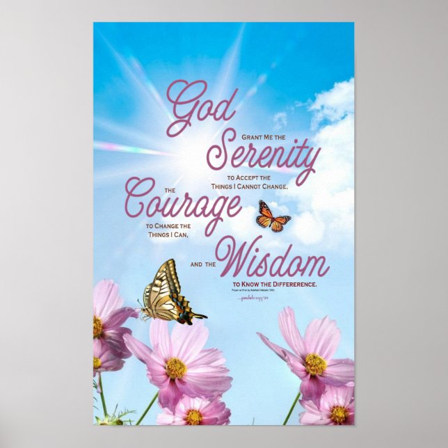 Serenity Prayer: Butterflies, Pink Flowers, Streng Poster (Front)