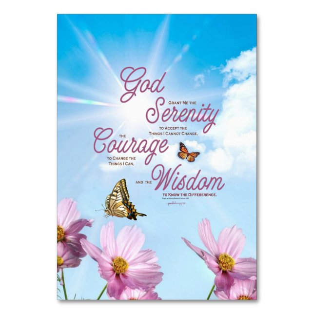 Serenity Prayer: Butterflies, Pink Flowers, Streng Table Number (Front)