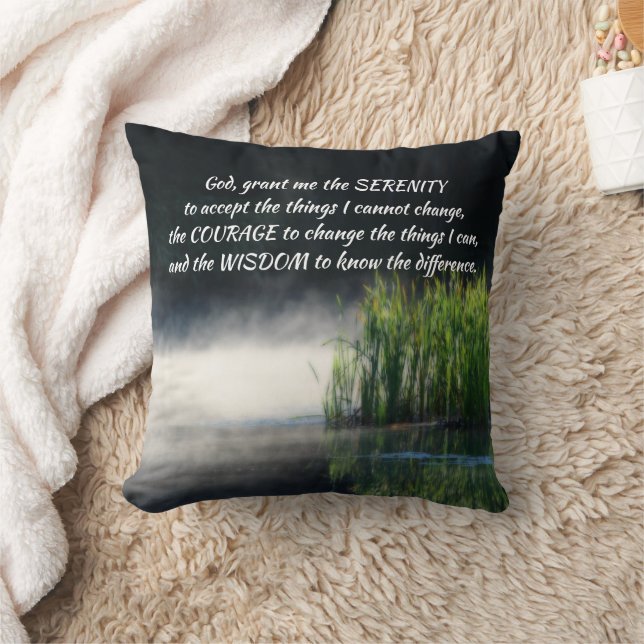 Serenity Prayer Cattails In Mist Inspirational   Throw Pillow (Blanket)