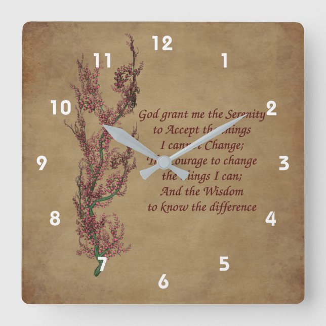 Serenity Prayer Flowering Tree Inspirational Square Wall Clock (Front)