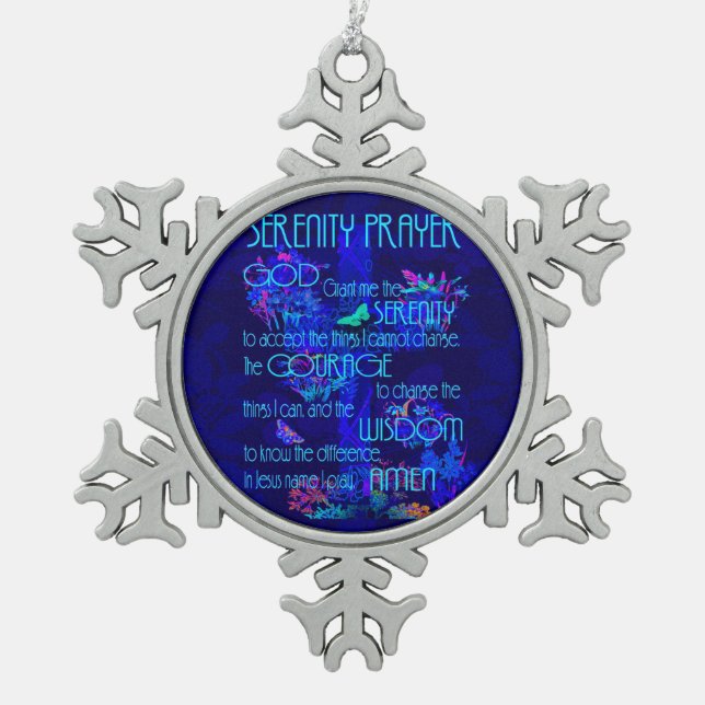 Serenity Prayer in Blue Snowflake Pewter Christmas Ornament (Front)