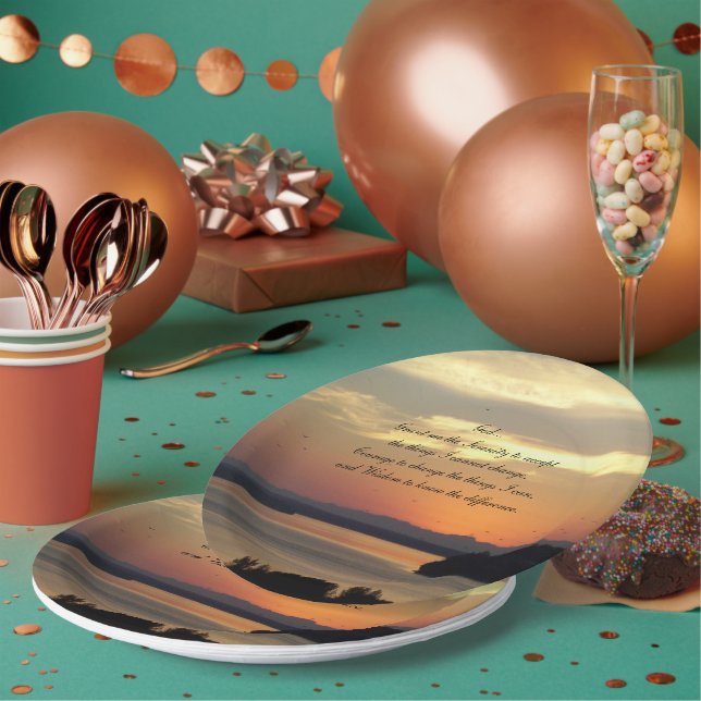 Serenity Prayer Orange Seascape Sunset Paper Plate (Multi)