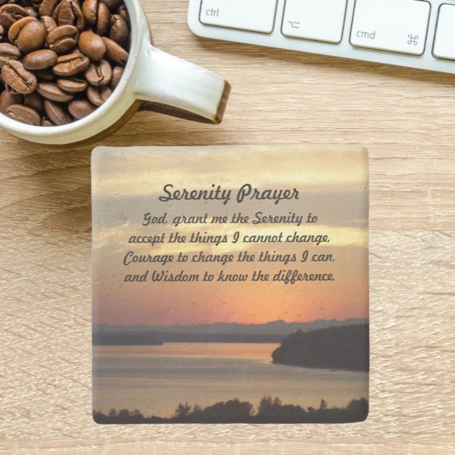Serenity Prayer Orange Seascape Sunset Stone Coaster (In Situ)