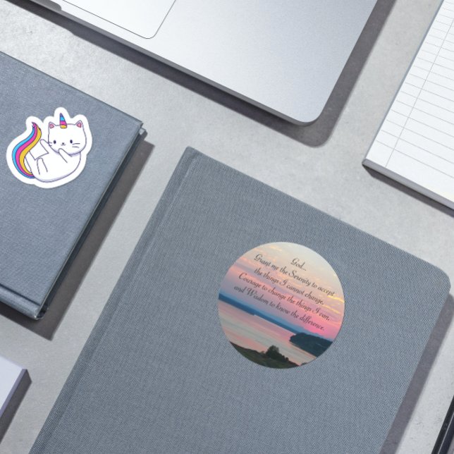 Serenity Prayer Pink Seascape Sunset Classic Round Sticker (In Situ)