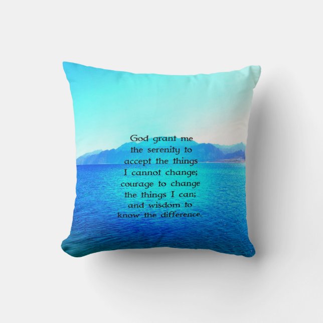 Serenity Prayer With Blue Ocean and Amazing Sky Throw Pillow (Front)