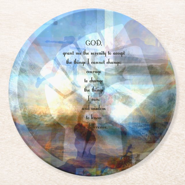 Serenity Prayer With Inspiring Motivational Art Round Paper Coaster (Front)