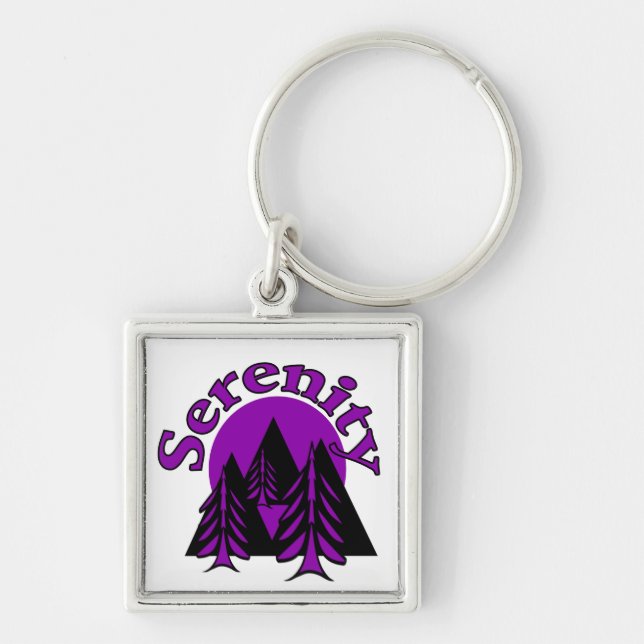 Serenity Quote Modern Black Purple Moon Trees Keychain (Front)