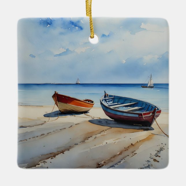 "Serenity Shores" A Restful Watercolour Seascape Ceramic Ornament (Front)