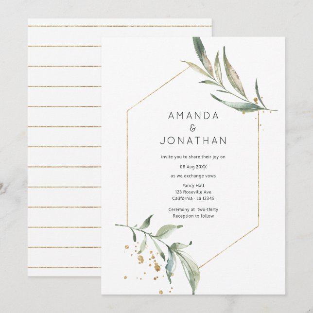 Serenity Simplistic Greenery Geometric Wedding Invitation (Front/Back)