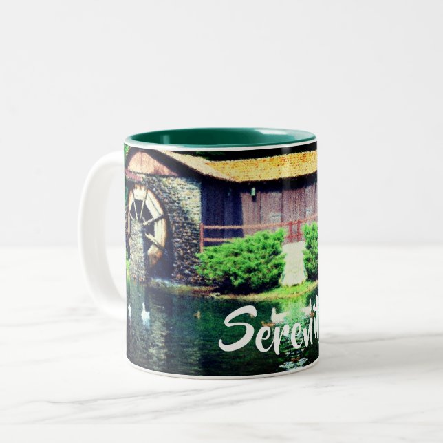 Serenity Water Wheel Inspirational Words Two-Tone Coffee Mug (Front Left)