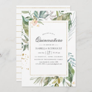 Serenity Watercolor Greenery Geometric Quinceañera Invitation