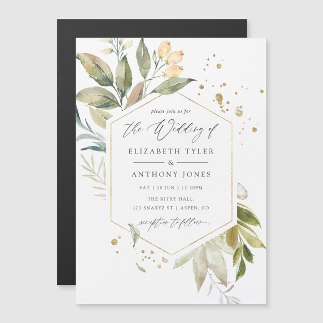 Serenity Watercolor Greenery Geometric Wedding Magnetic Invitation (Front/Back)