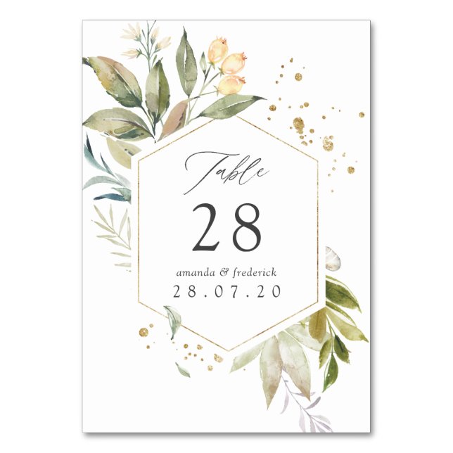 Serenity Watercolor Greenery Geometric Wedding Table Number (Front)