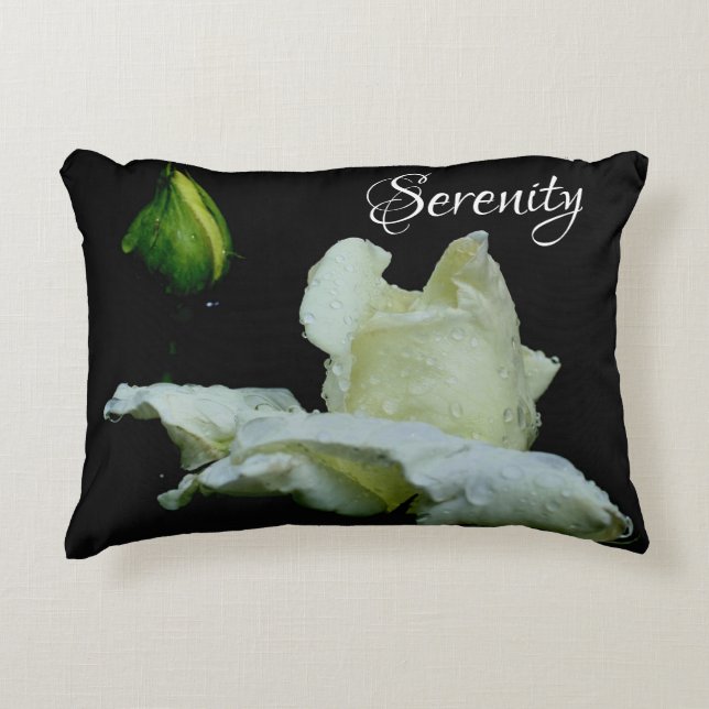 Serenity White Rosebud Inspirational Words  Accent Pillow (Front)