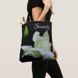 Serenity White Rosebud Inspirational Words Tote Bag