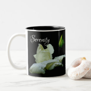 Serenity White Rosebud Inspirational Words Two-Tone Coffee Mug
