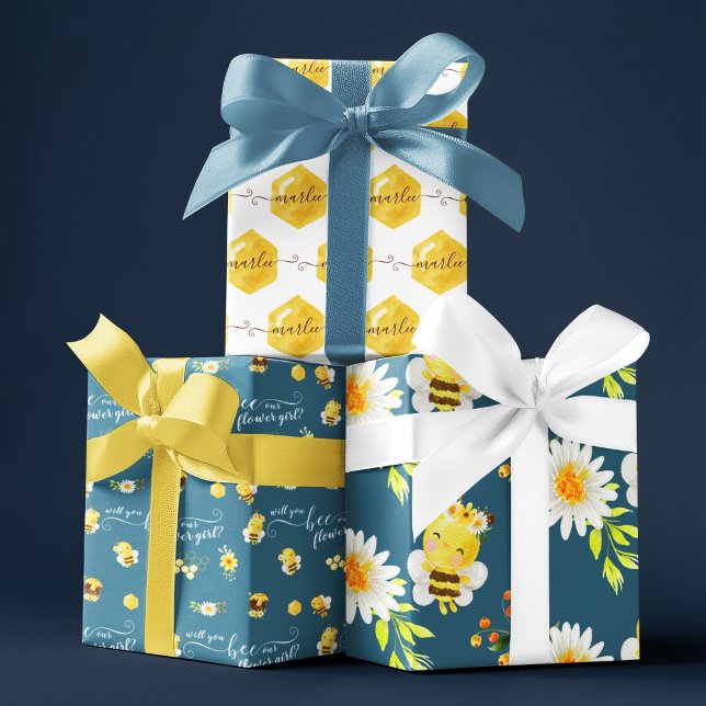 Serez-Vous Nos Feuilles D'Enveloppement Fille Fleu (Propose to your flower girl with these cute personalized bee wrapping paper sheets! )