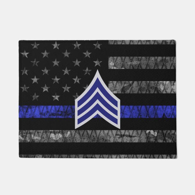 Sergeant Stripes Thin Blue Line Distressed Flag Doormat (Front)
