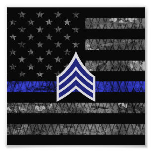 Sergeant Stripes Thin Blue Line Distressed Flag Photo Print