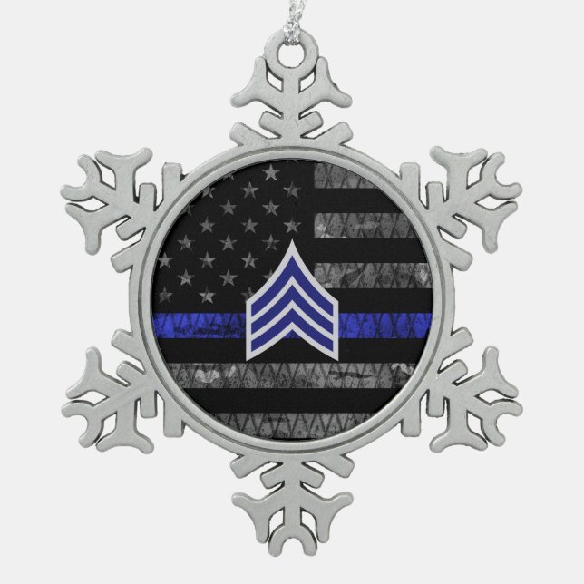 Sergeant Stripes Thin Blue Line Distressed Flag Snowflake Pewter Christmas Ornament (Front)