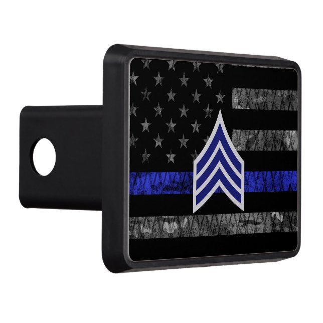 Sergeant Stripes Thin Blue Line Distressed Flag Trailer Hitch Cover (Right)