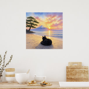 series_1_10｜Square Resting Black Cat Mt Fuji Art Poster