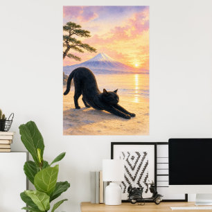 series_1_2｜Stretching Black Cat Mt Fuji Art Poster