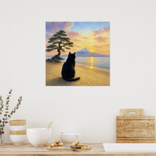 series_1_4｜Square Peaceful Black Cat Mt Fuji Art Poster