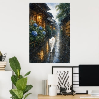 series_2_1|Rainy Kyoto White Cat Japanese Art Poster