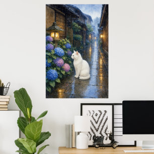 series_2_3｜Rainy Kyoto White Cat Hydrangea Art Poster