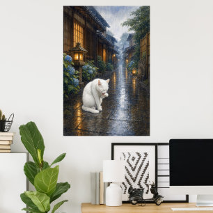 series_2_4｜Grooming White Cat Rainy Kyoto Japanese Poster