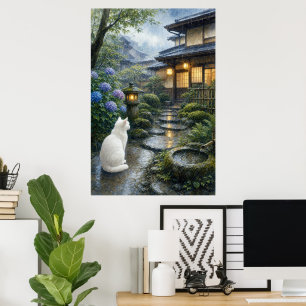 series_2_7|Quiet Kyoto Garden White Cat Art Poster