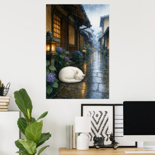 series_2_8｜Sleeping White Cat Rainy Kyoto Art Poster