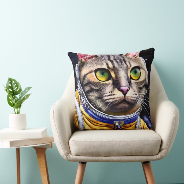 Serious Astronaut Cat Artwork Throw Pillow (Chair)