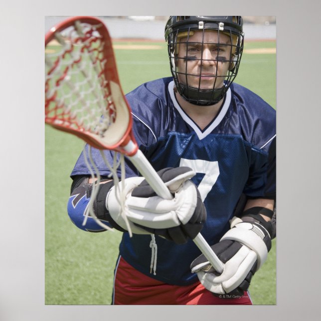 Serious lacrosse player holding crosse poster (Front)