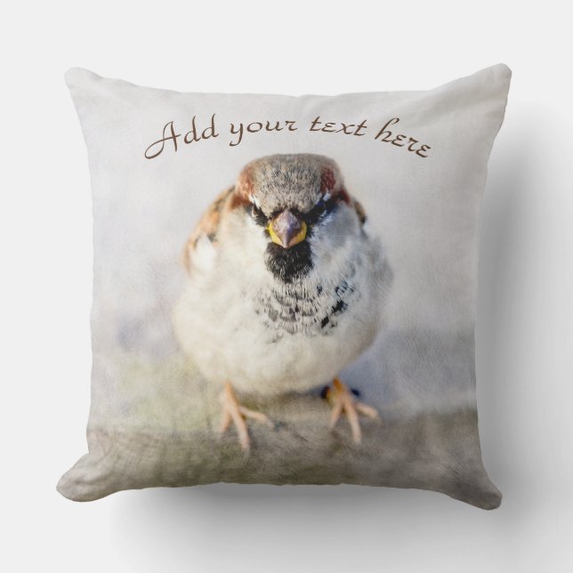 Serious Sparrow Throw Pillow (Front)