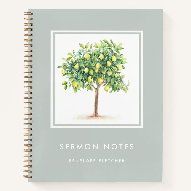 Sermon Notes Watercolor Lemon Tree Sage Green Notebook (Front)