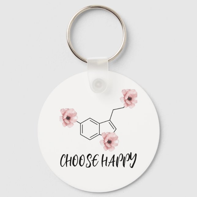 Serotonin Molecule Pink Flowers Choose Happy Keychain (Front)